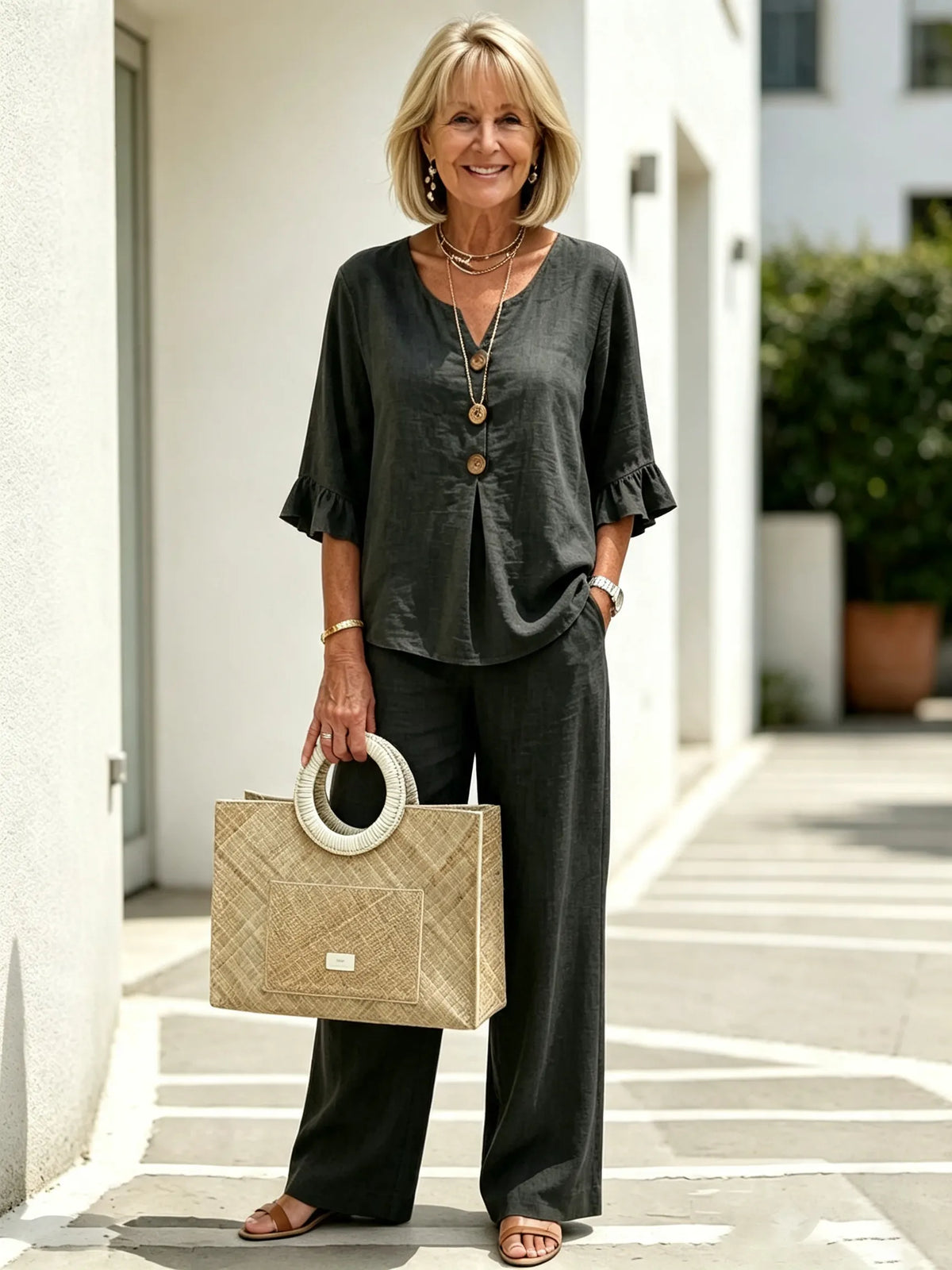 Women's Casual Button V-Neck Ruffle Women Summer Linen Two-Piece Outfit Set, V-Neck Wooden Button Front Ruffle 3/4 Sleeve Loose Casual Top & Matching Wide Leg Long Pants, Lightweight Breathable Textured Fabric High-End Seven-Sleeve Linen Top Two-piece Set