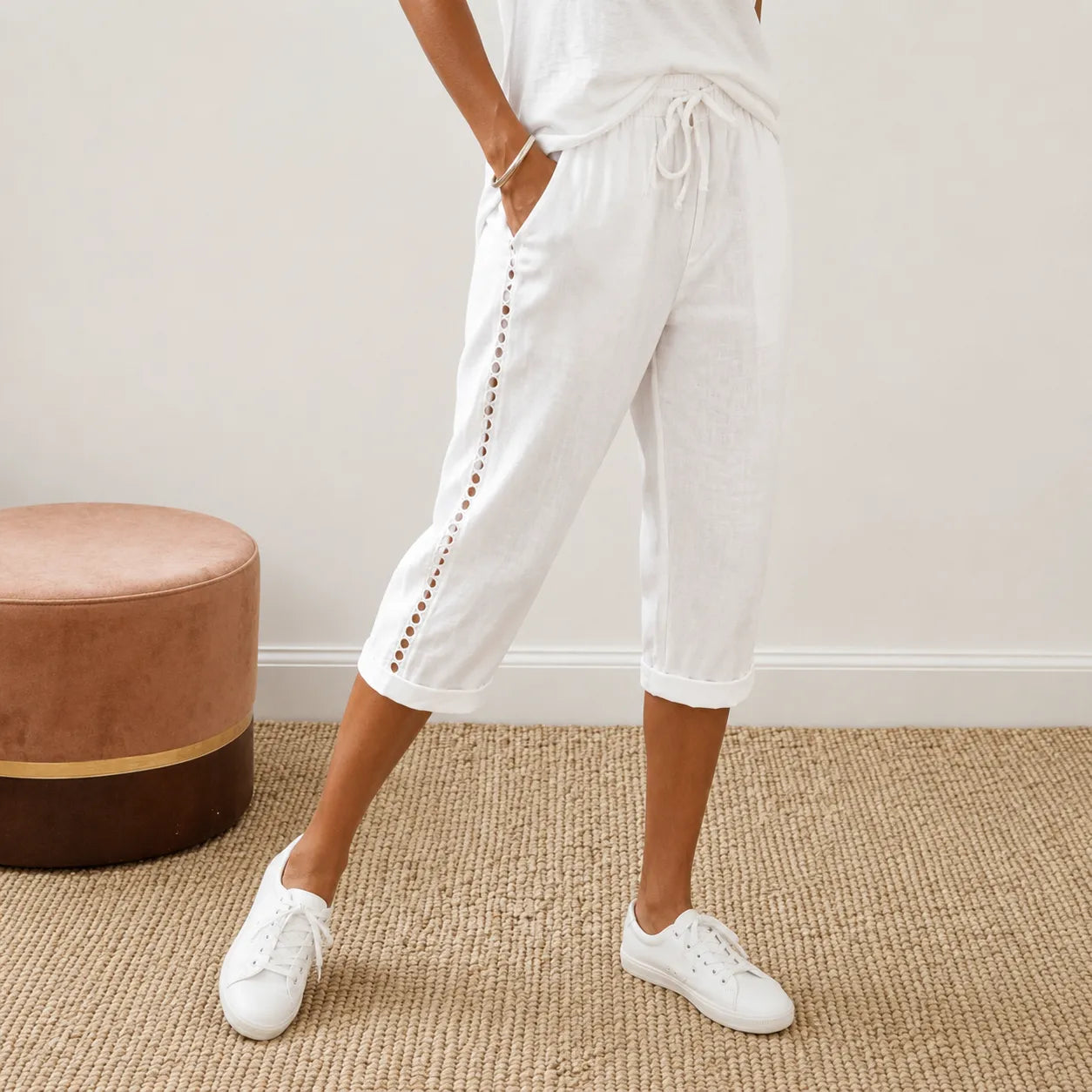Loravie – Eyelet Trim Cotton-Linen-like Capri Pants with Drawstring Waist
