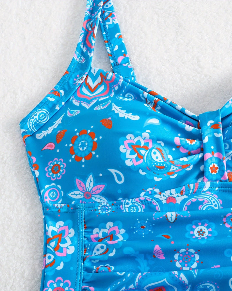 Floral print one-piece swimsuit with a plunging neckline