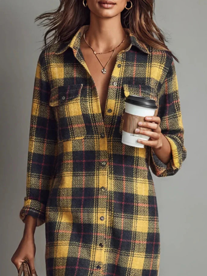 Plaid Flannel Midi Dress with Long Sleeves