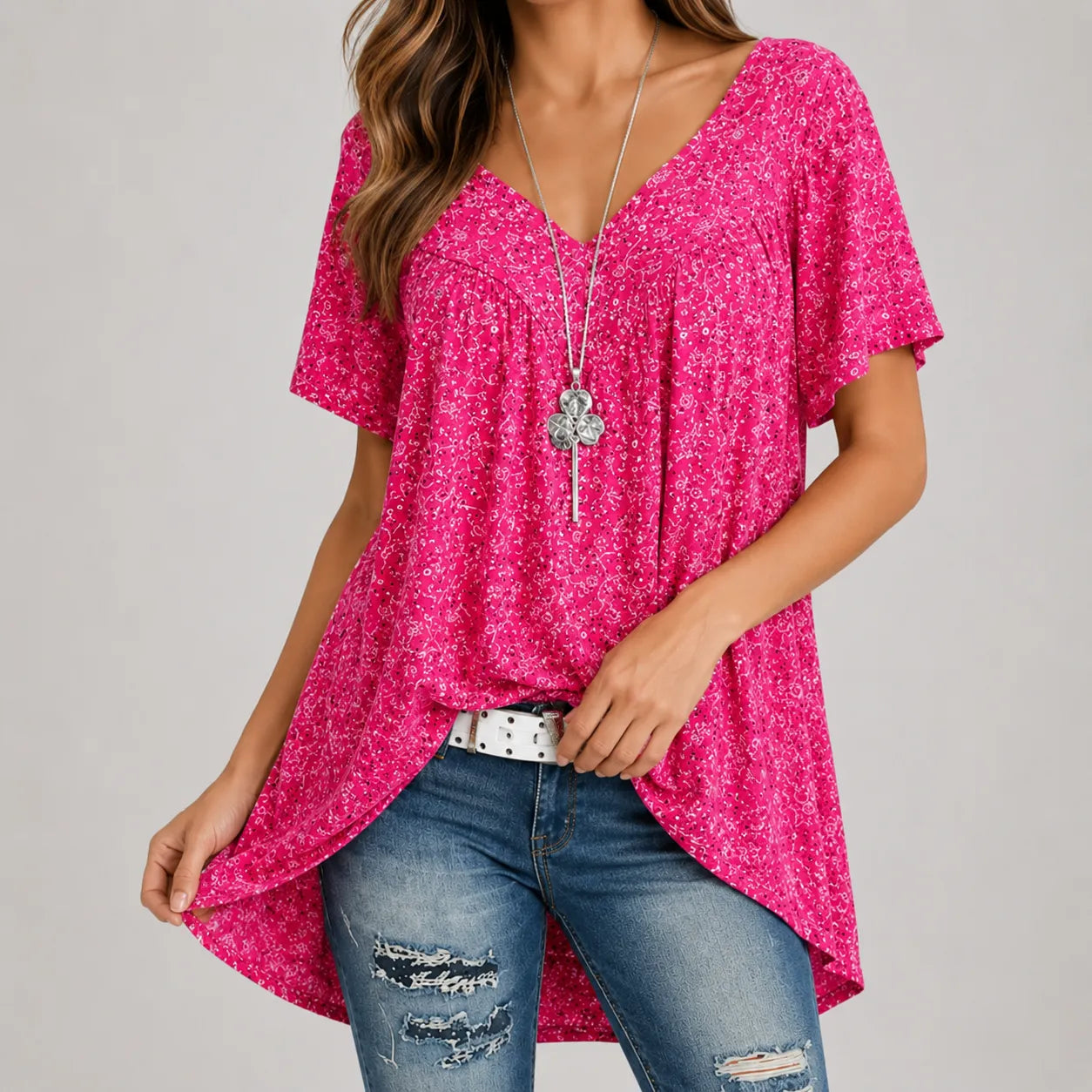 Florenza – Floral V-neck Short Sleeve Tunic Top for Women