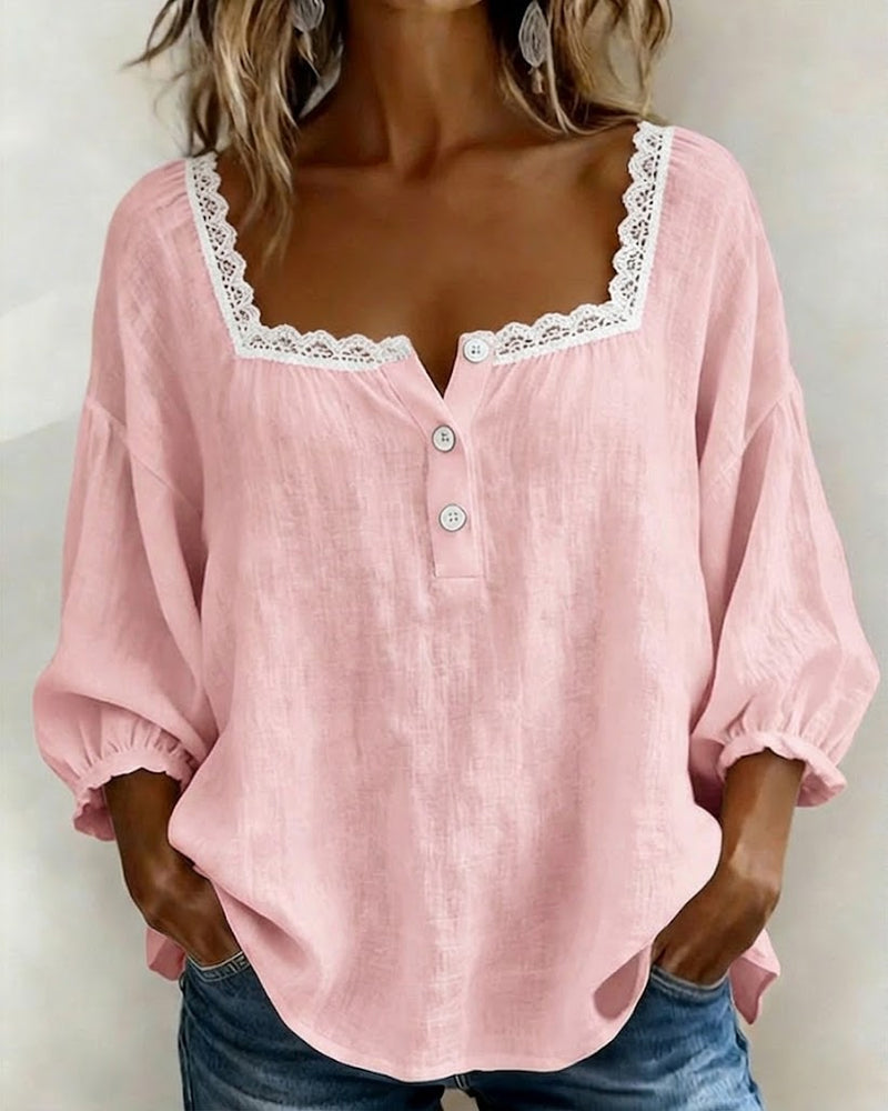 Balloon Sleeve Lace Blouse with Square Neckline