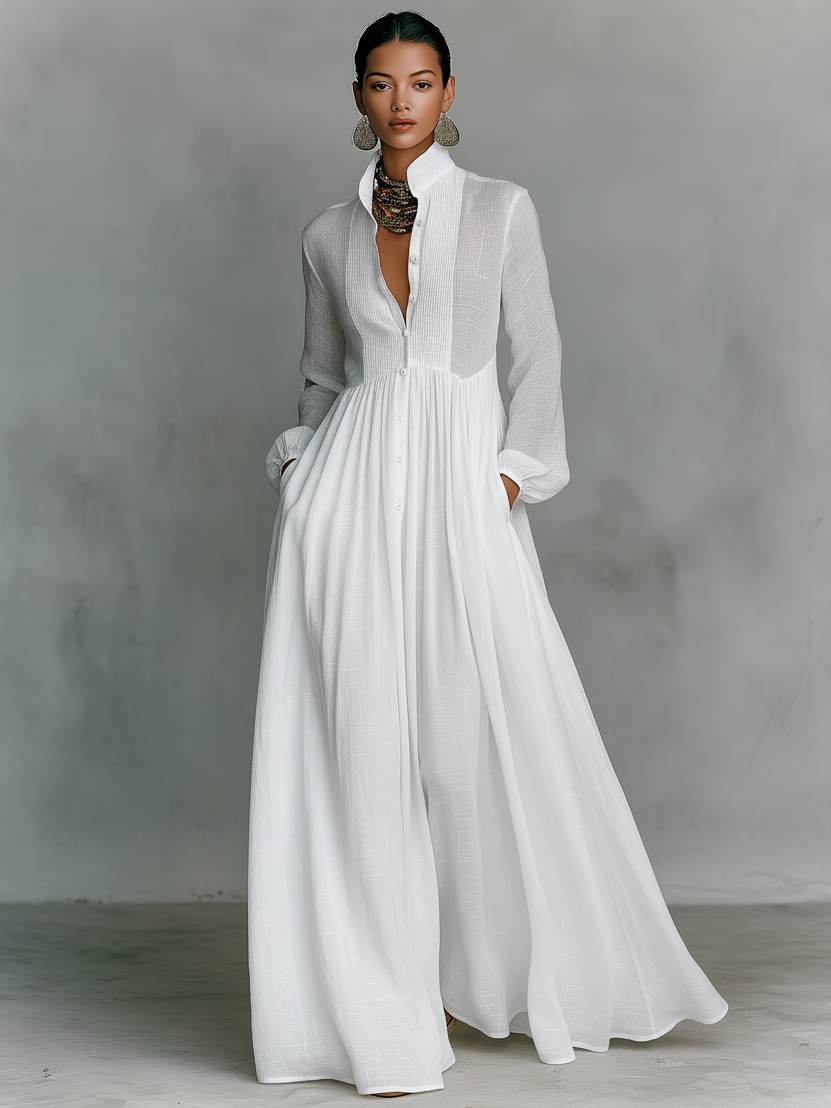 Maxi Minimalist Dress in Cotton and Linen with Patchwork Panels, High Collar and Long Sleeves