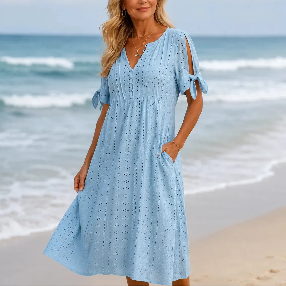 Lunavia – Eyelet V Neck Midi Dress with Tie Sleeves and Pockets