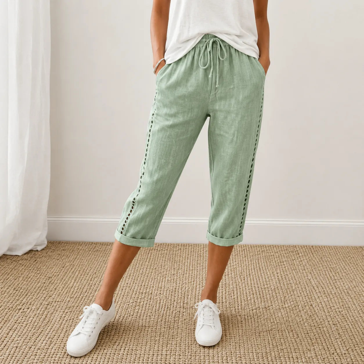 Loravie – Eyelet Trim Cotton-Linen-like Capri Pants with Drawstring Waist