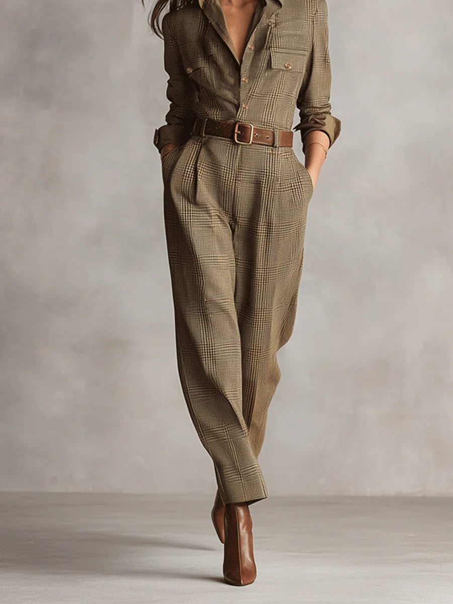 Alessia - Brown Tweed Utility Jumpsuit with Refined Pattern