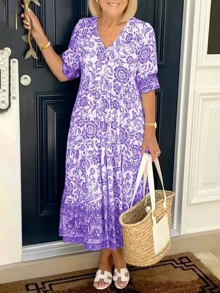 Lilara - Boho Deep V Neck Floral Dress