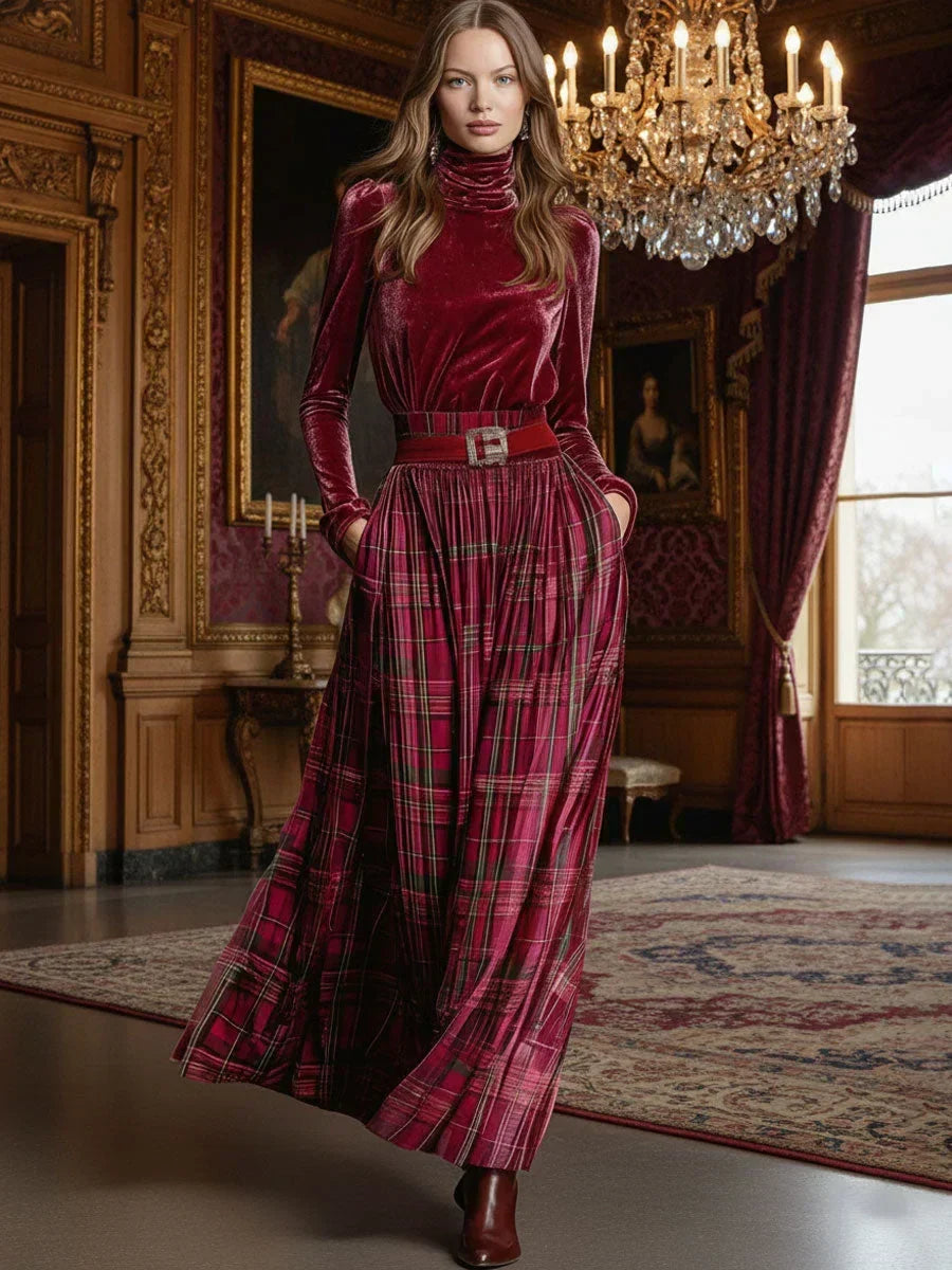 Nivaeh - Festive Retro Turtleneck Plaid Skirt Set