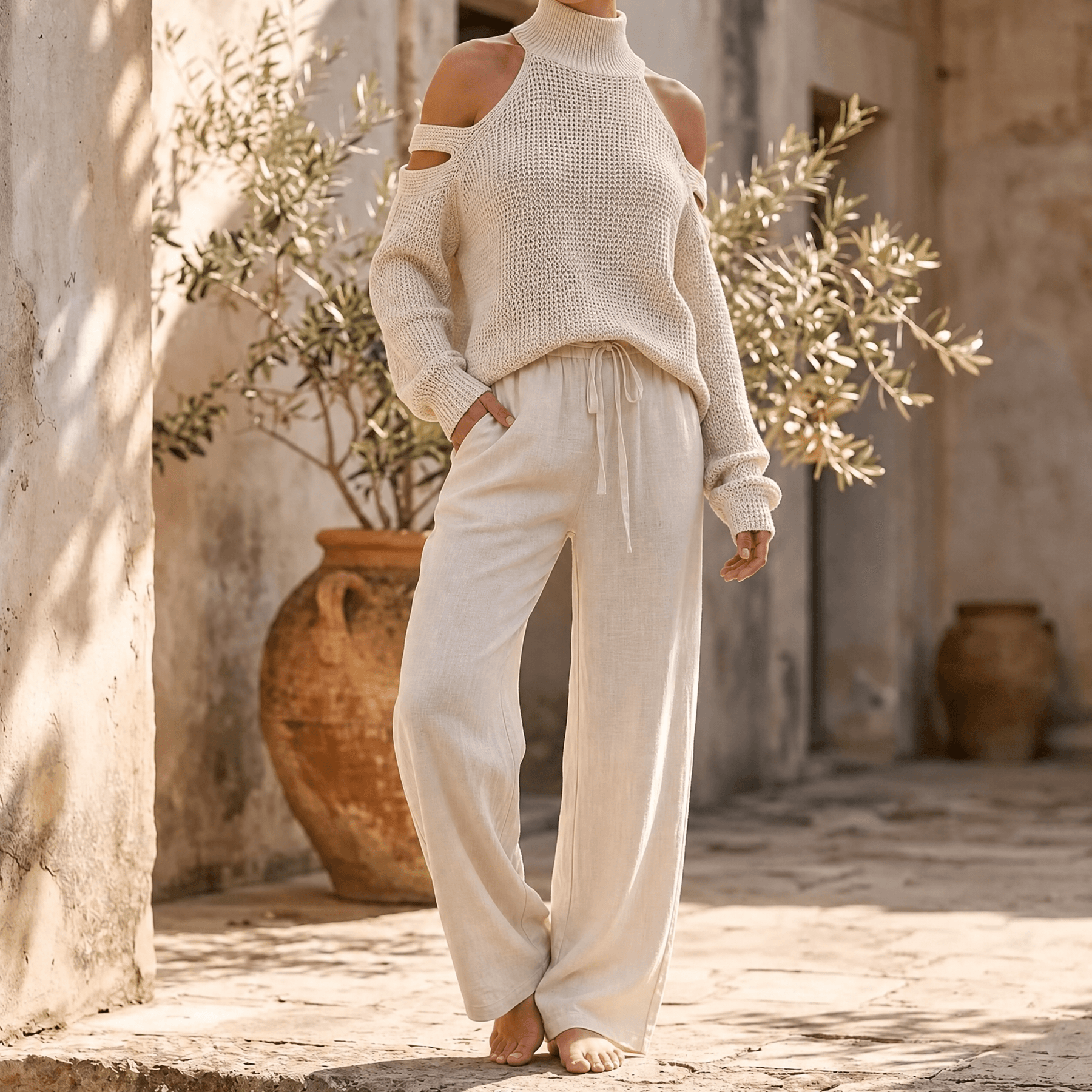 Alessia – Women's Cold-Shoulder Knit & Wide-Leg Set