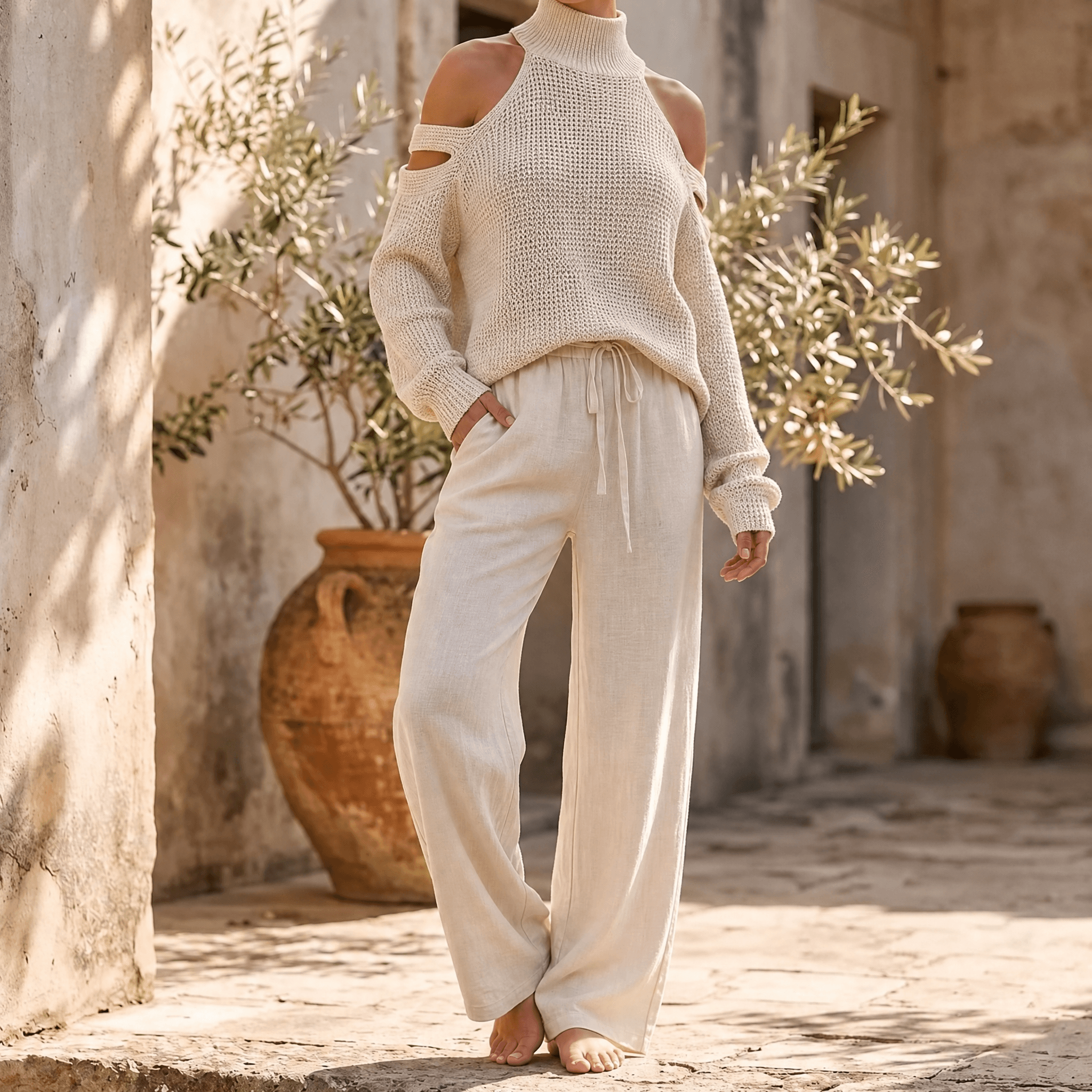 Alessia – Women's Cold-Shoulder Knit & Wide-Leg Set