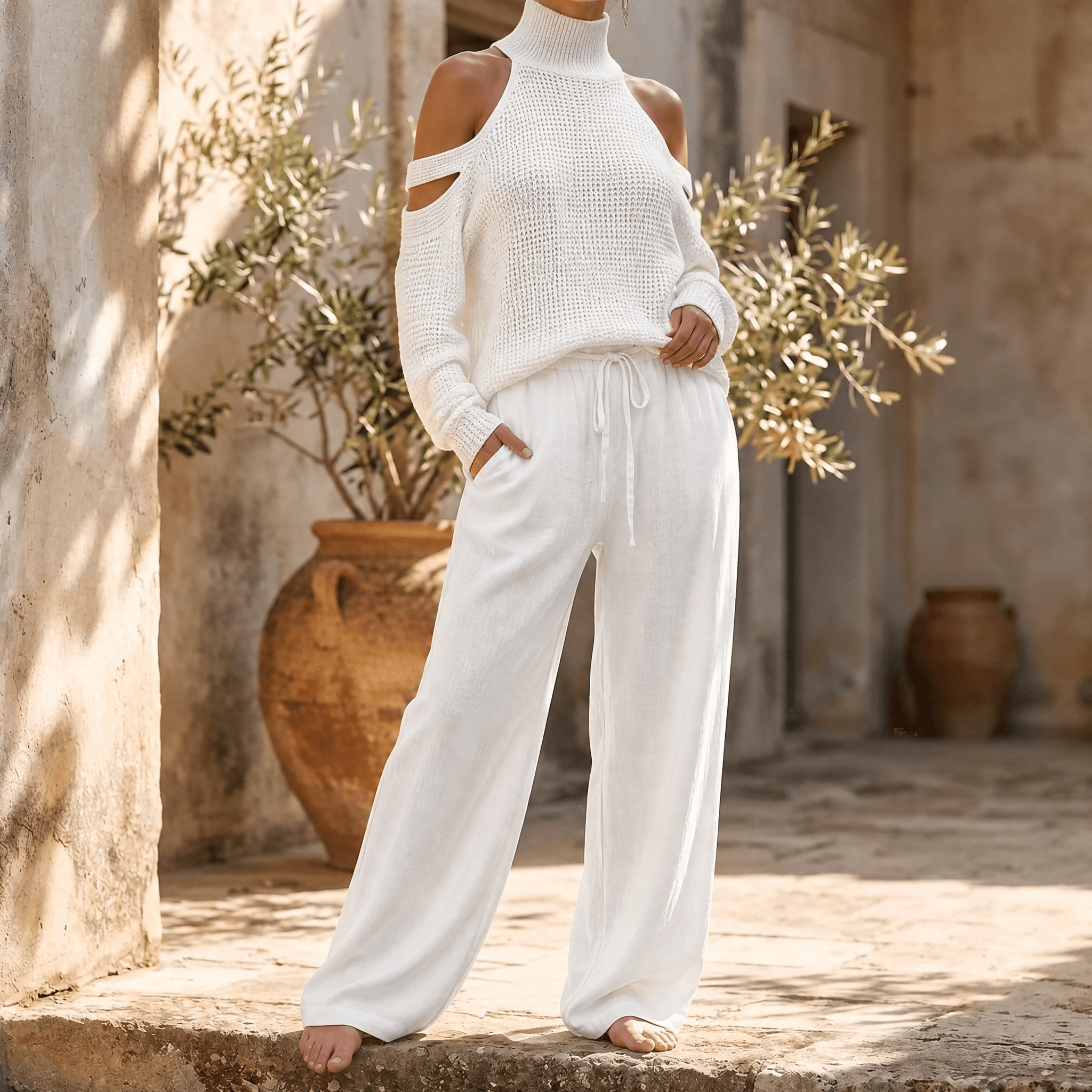 Alessia – Women's Cold-Shoulder Knit & Wide-Leg Set