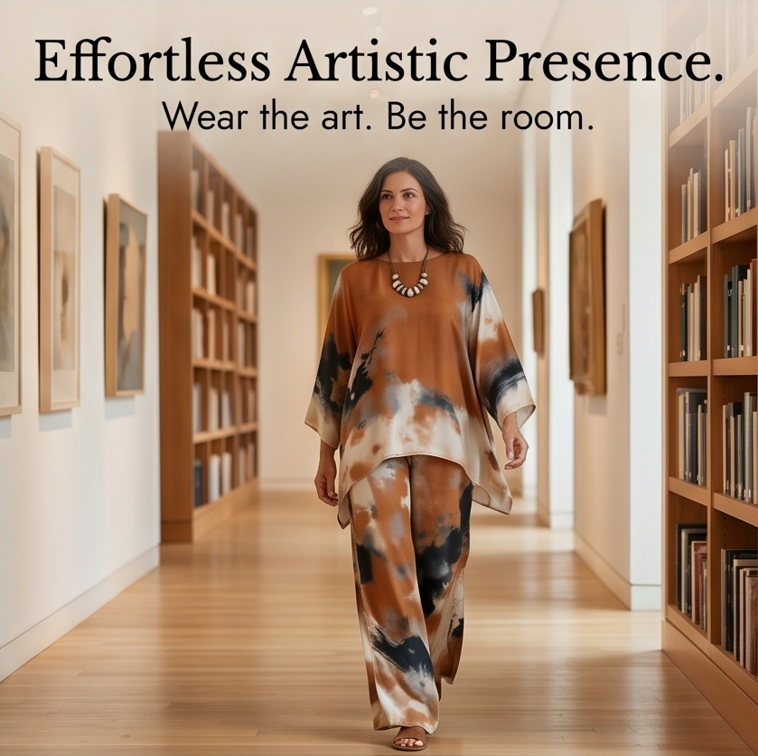 Aterra – Artistic Watercolor Tunic and Wide Leg Pants Set
