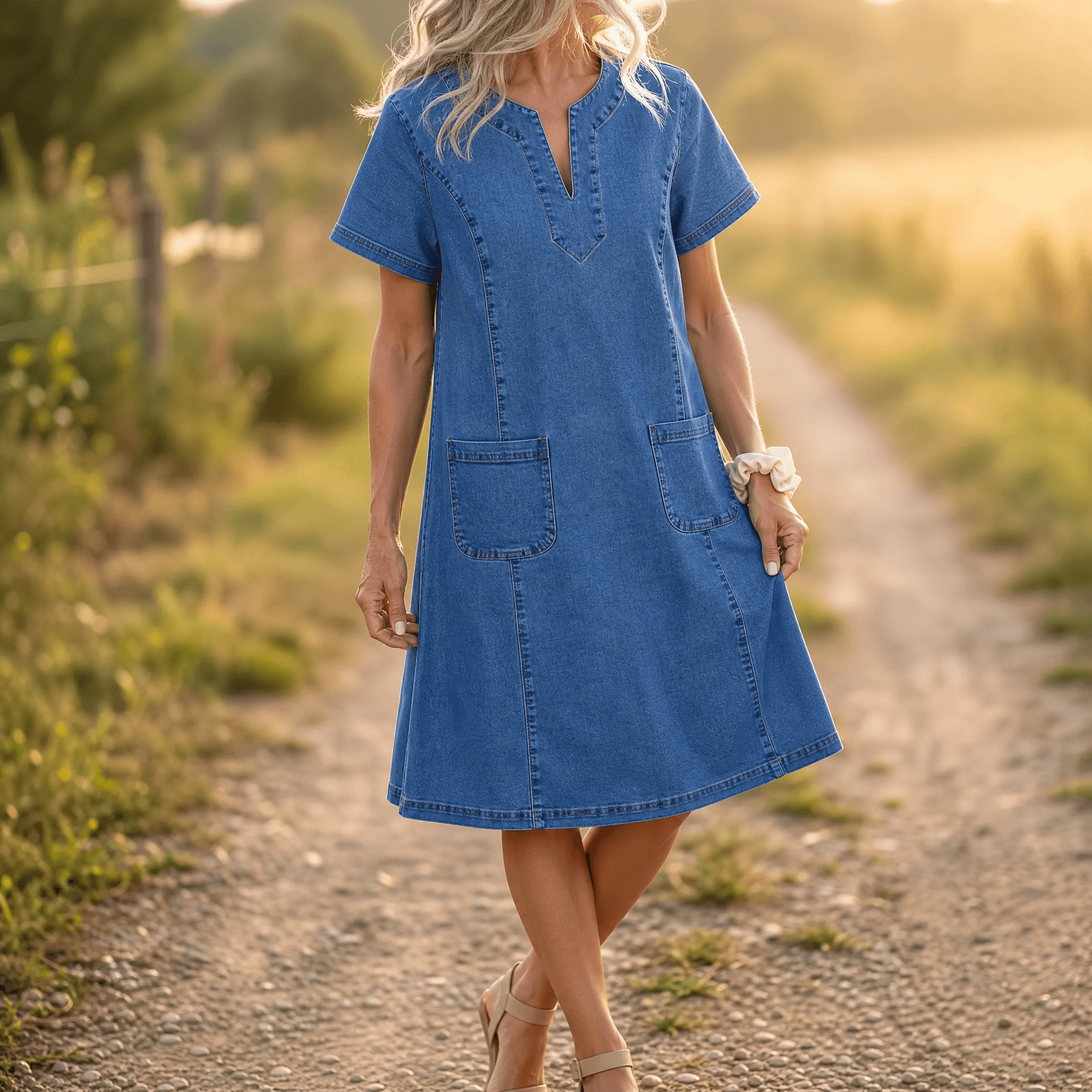 Aurelene – Women's V-Neck Denim Dress with Pockets