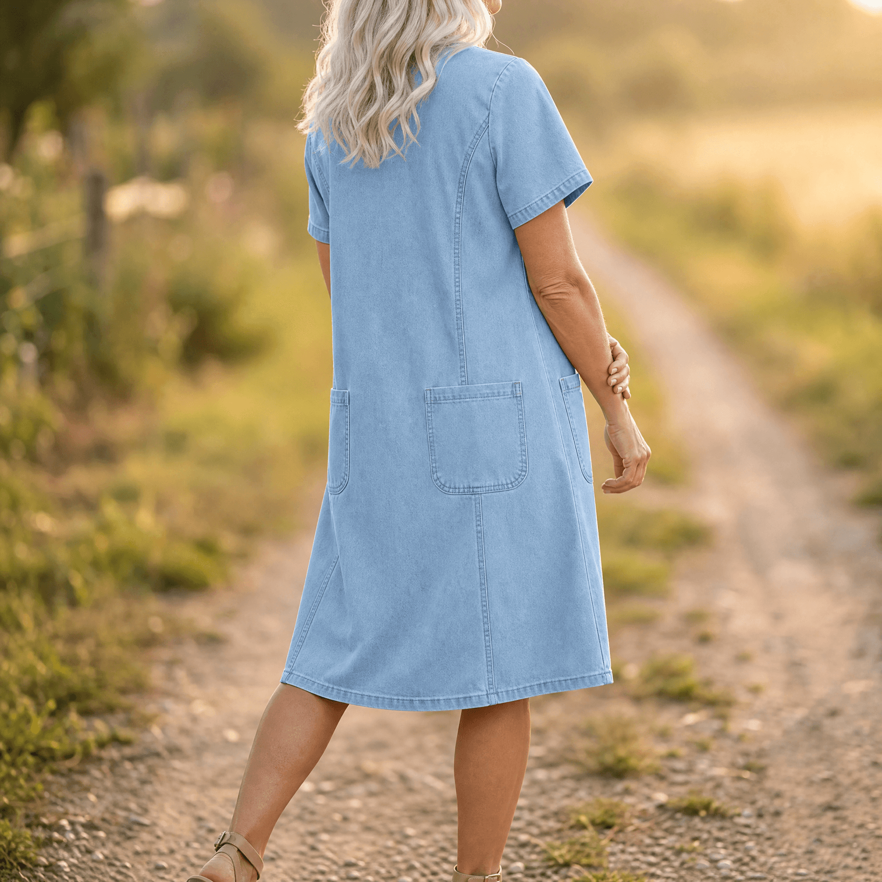 Aurelene – Women's V-Neck Denim Dress with Pockets