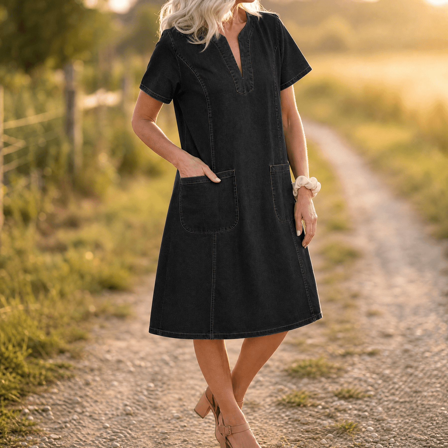 Aurelene – Women's V-Neck Denim Dress with Pockets