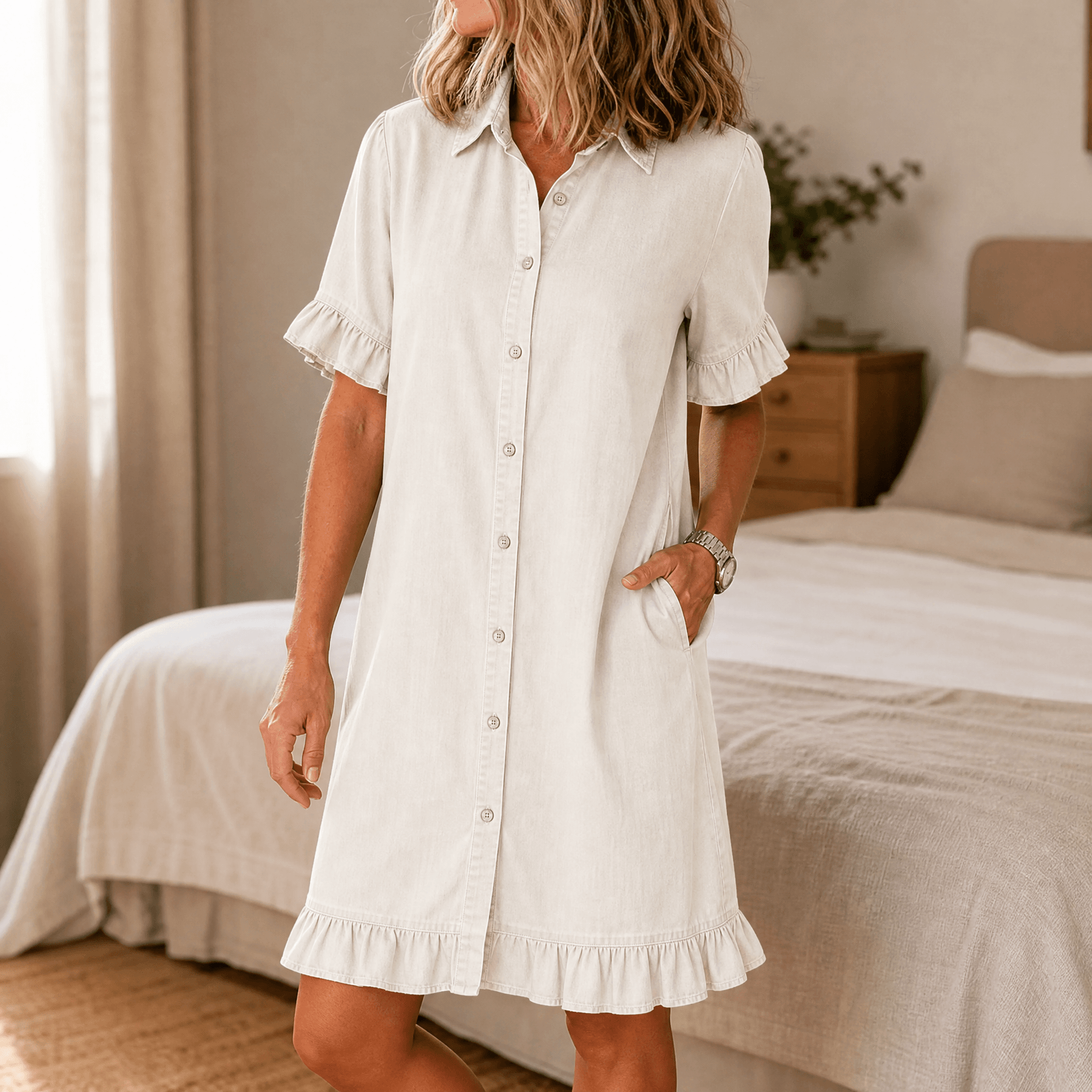 Aveline – Women's Soft Shirt Dress with Ruffle Hem