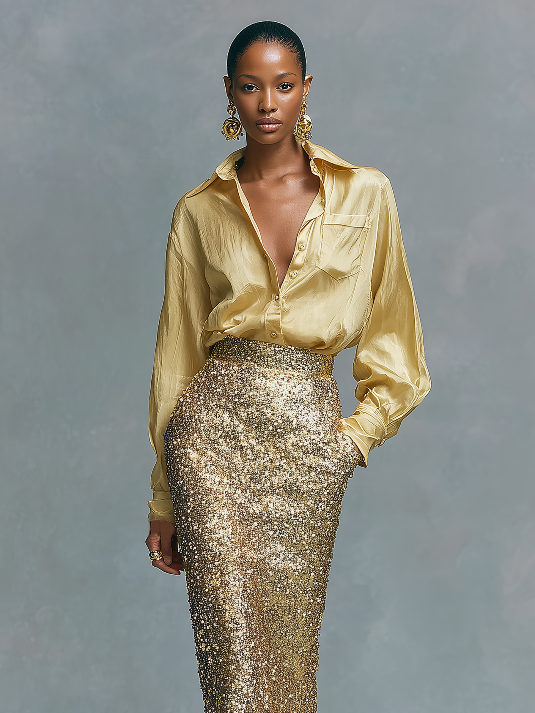 Women's Long-sleeved Shirt And Sequined Pencil Skirt Set MDA2431K6Y