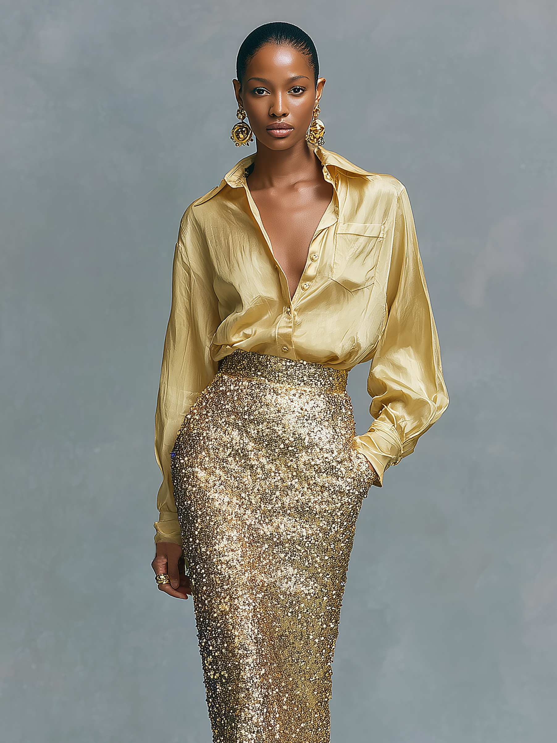 Women's Long-sleeved Shirt And Sequined Pencil Skirt Set MDA2431K6Y