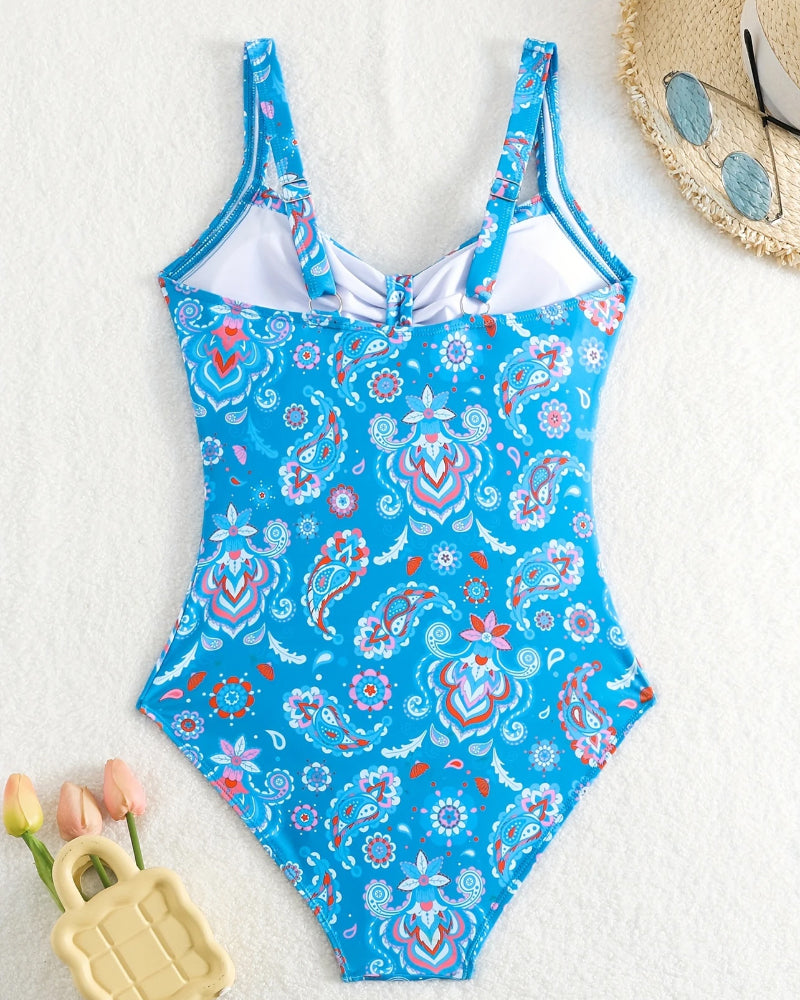 Floral print one-piece swimsuit with a plunging neckline