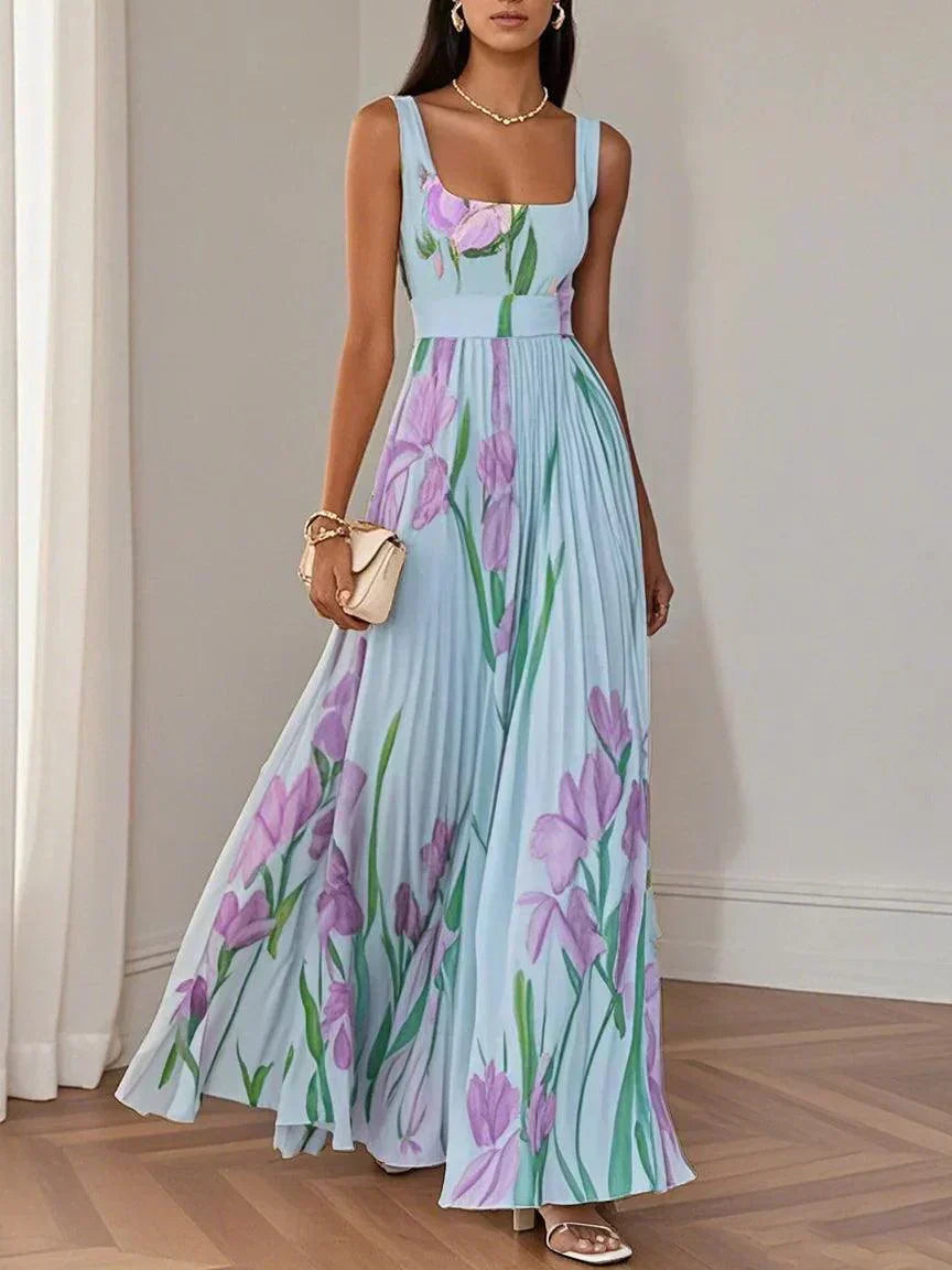Pleated Long Dress in Mousseline - Timeless Elegance
