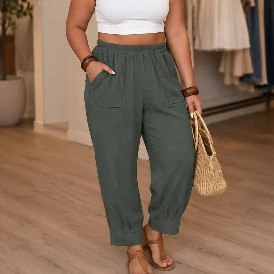 Loriane – Women's Cuffed Ankle Pull-On Pants, Relaxed Fit, Elastic Waist