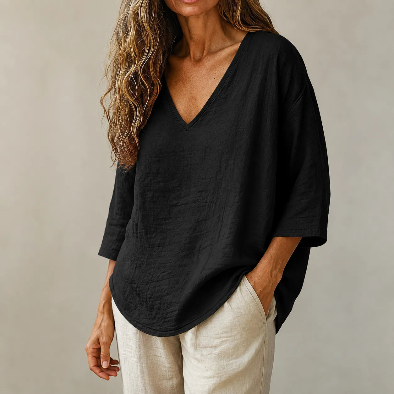 Linvie – Loose V-Neck Linen-Look Blouse with Three-Quarter Sleeves