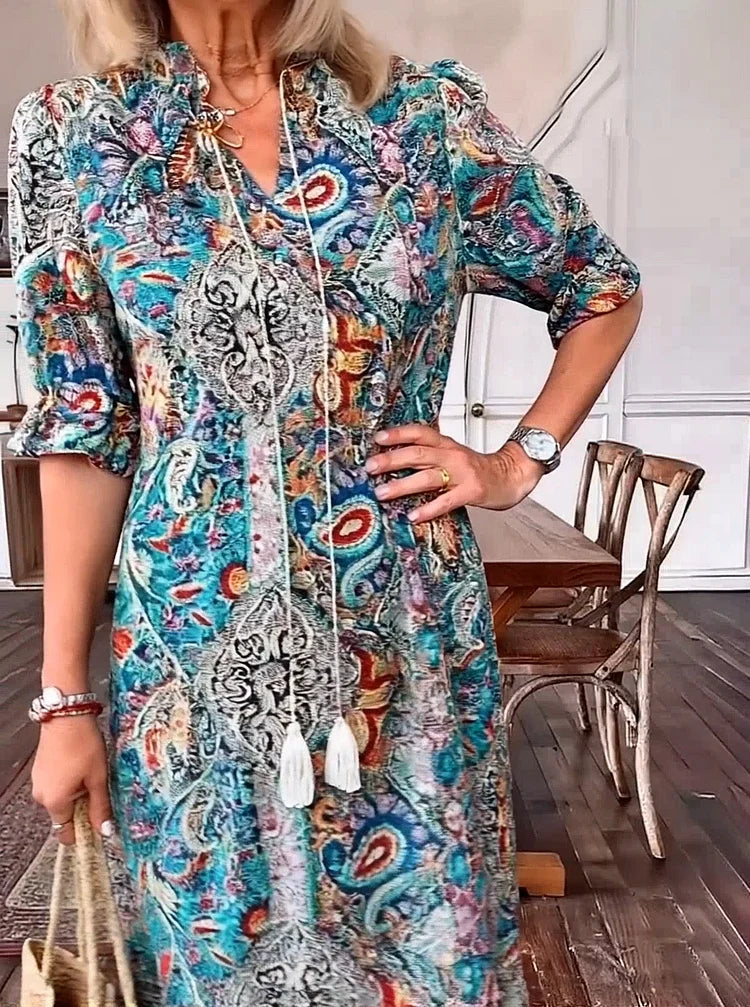 Carolette - Boho Drawstring Neck Maxi Dress