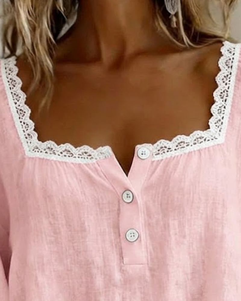 Balloon Sleeve Lace Blouse with Square Neckline