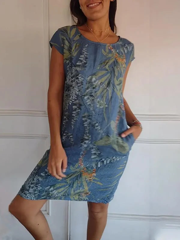 Printed summer dress in cotton and linen for women with pockets