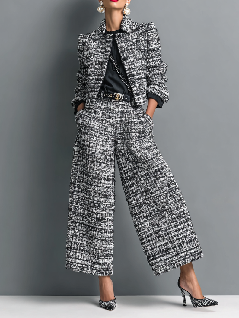 Women's Tweed Blend Single-Breasted Cropped Jacket And Wide-Leg Pants Set MDA2589H6Y