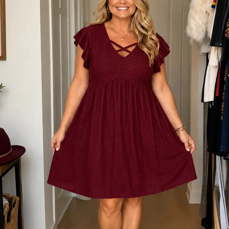 Florelle – Women's Eyelet Babydoll Dress with Criss Cross V Neck and Flutter Sleeves