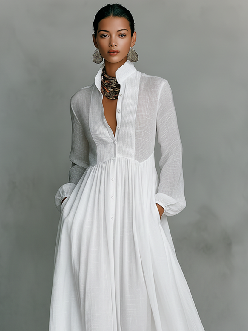 Maxi Minimalist Dress in Cotton and Linen with Patchwork, High Collar and Long Sleeves