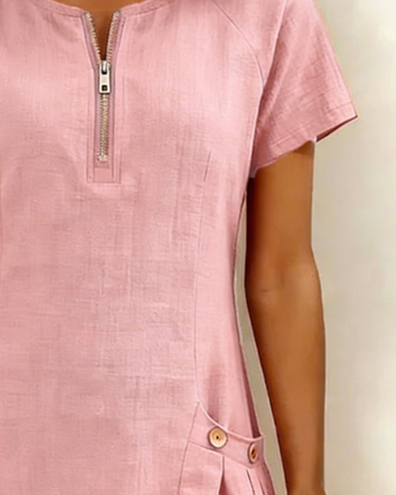 Short Linen and Cotton Dress with Zipper Closure - Elegant A-Line Cut