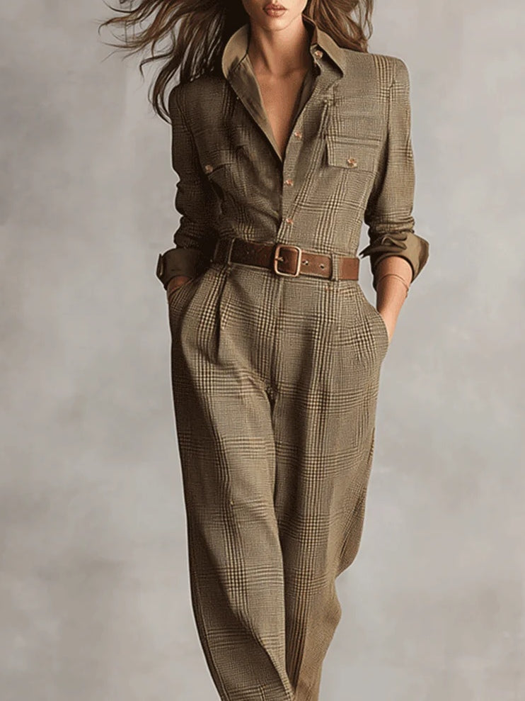 Alessia - Brown Tweed Utility Jumpsuit with Refined Pattern