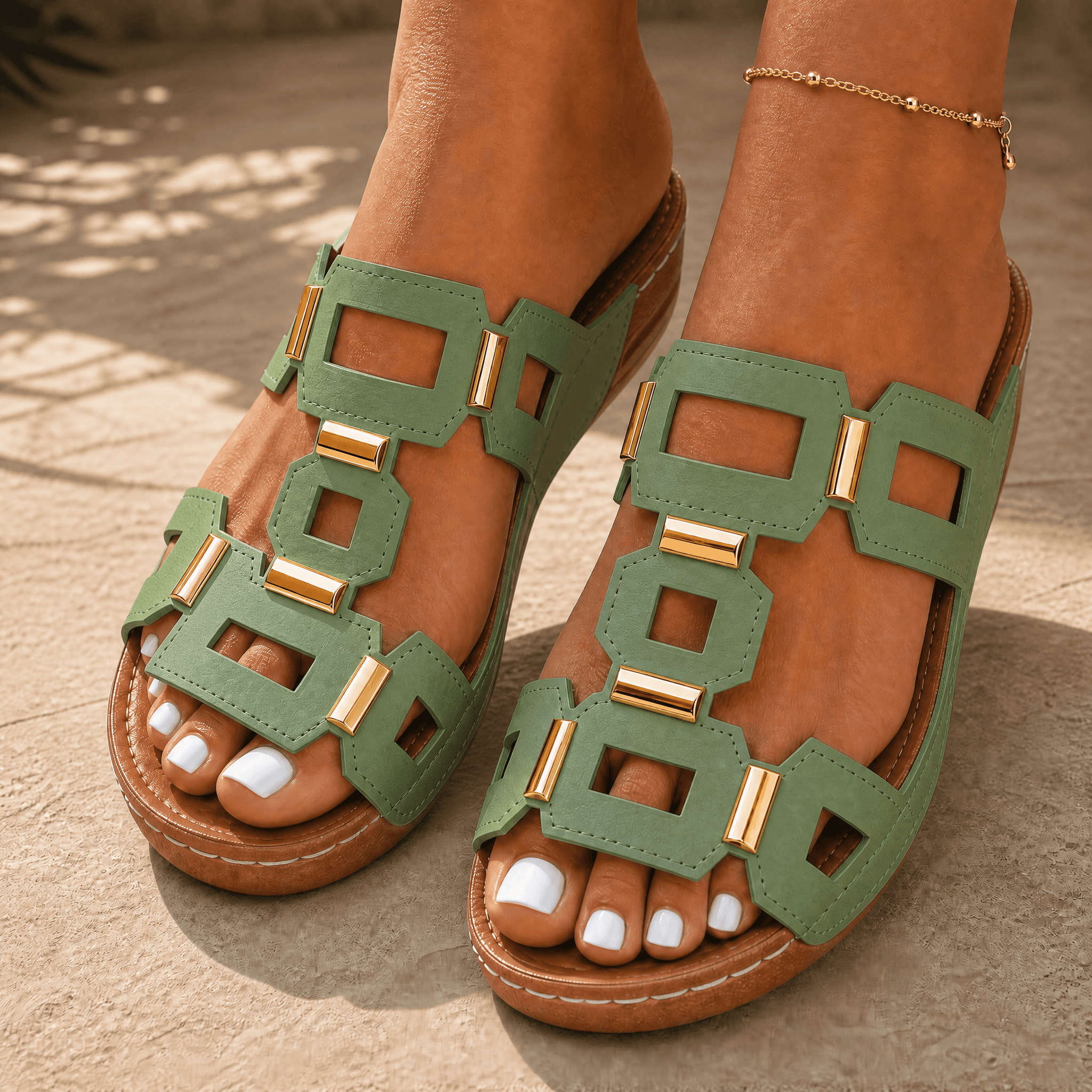 BellaArch – Cushioned Wedge Sandals with Gold Strap Detail