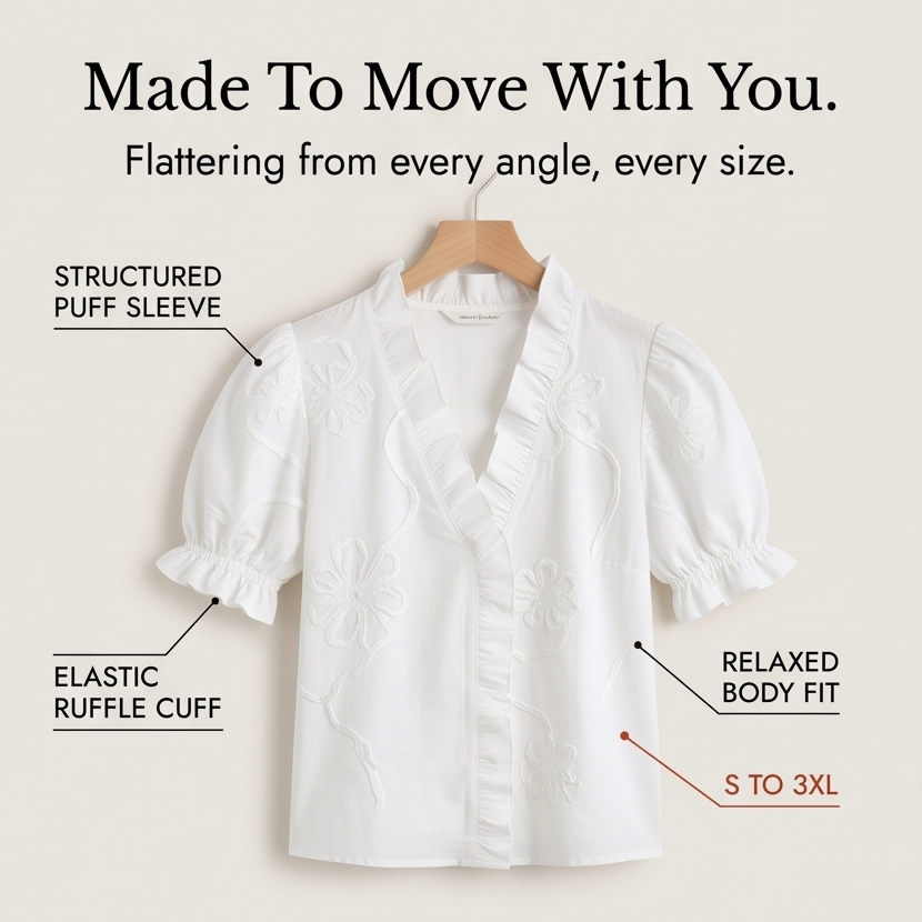 Belvera – Women's Romantic Ruffled V-Neck Blouse with Puff Sleeves