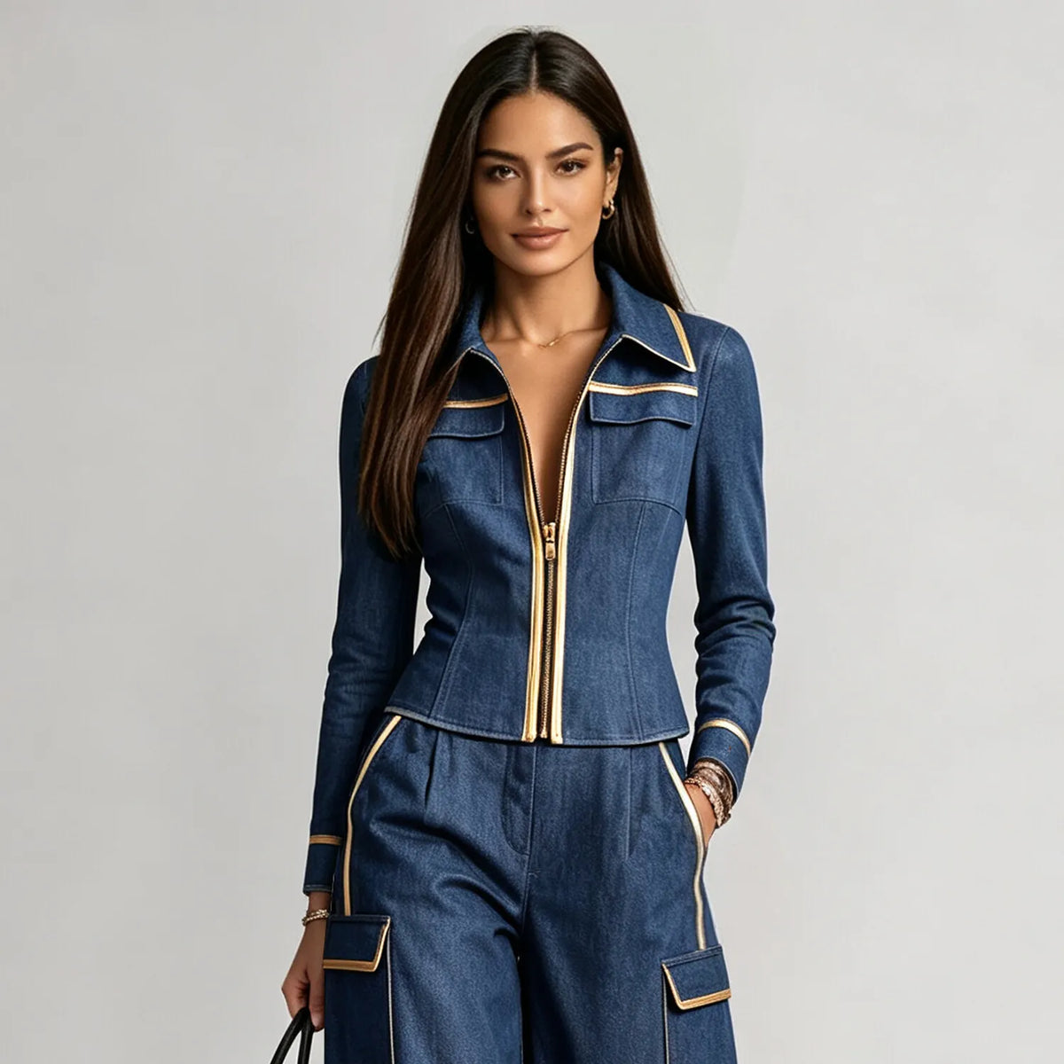 Women's Fashion Turndown Collar Zip Front Contrast Piping Chest Pocket Long Sleeve Denim Blouse