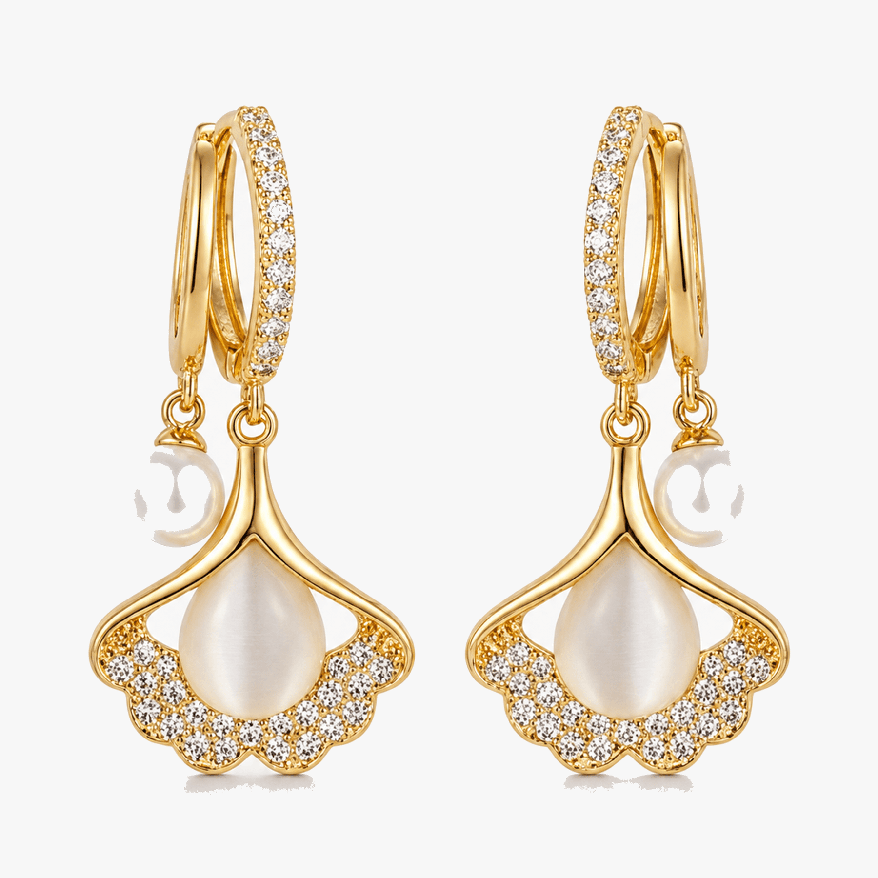 Ginara – Crystal Ginkgo Leaf Drop Earrings with Pearl