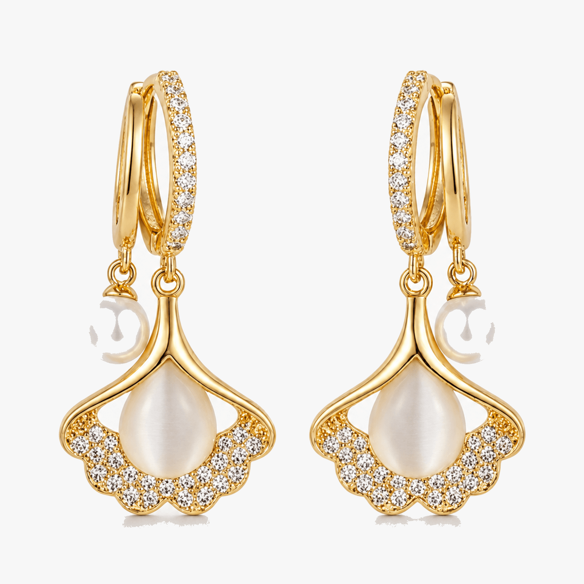 Ginara – Crystal Ginkgo Leaf Drop Earrings with Pearl