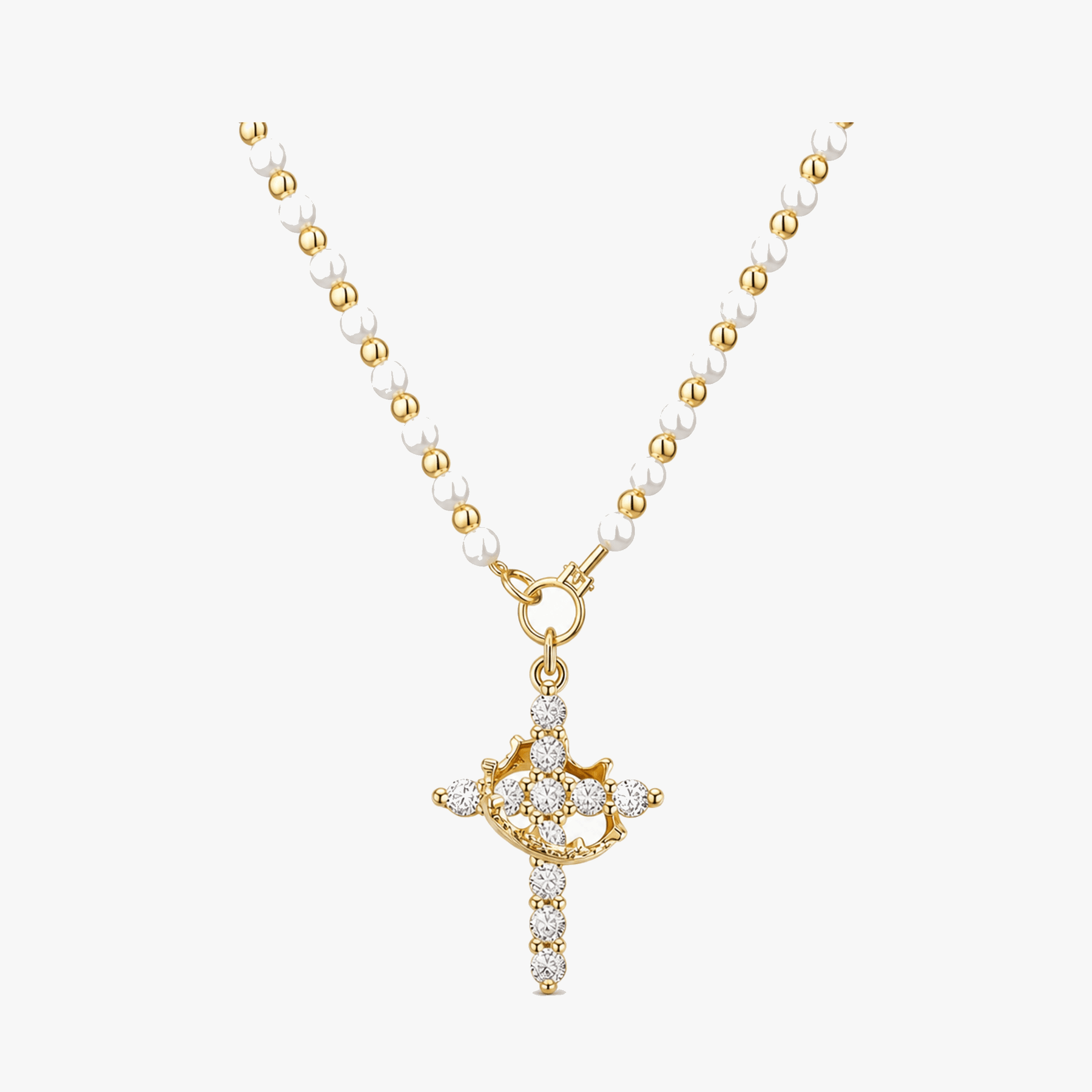 Crownara – Crown Cross Pearl Bead Necklace