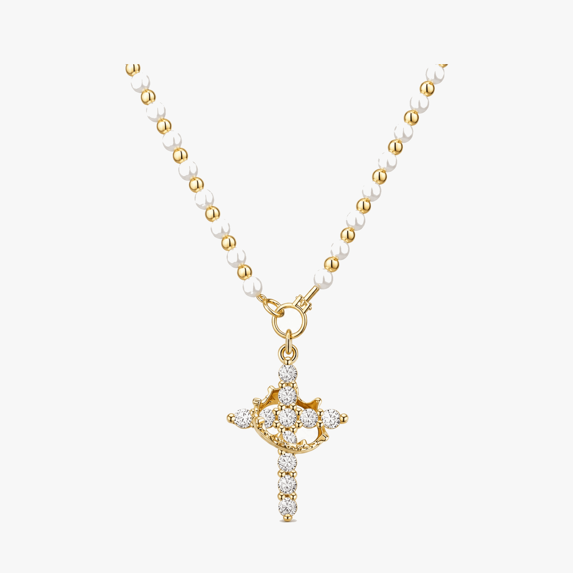Crownara – Crown Cross Pearl Bead Necklace