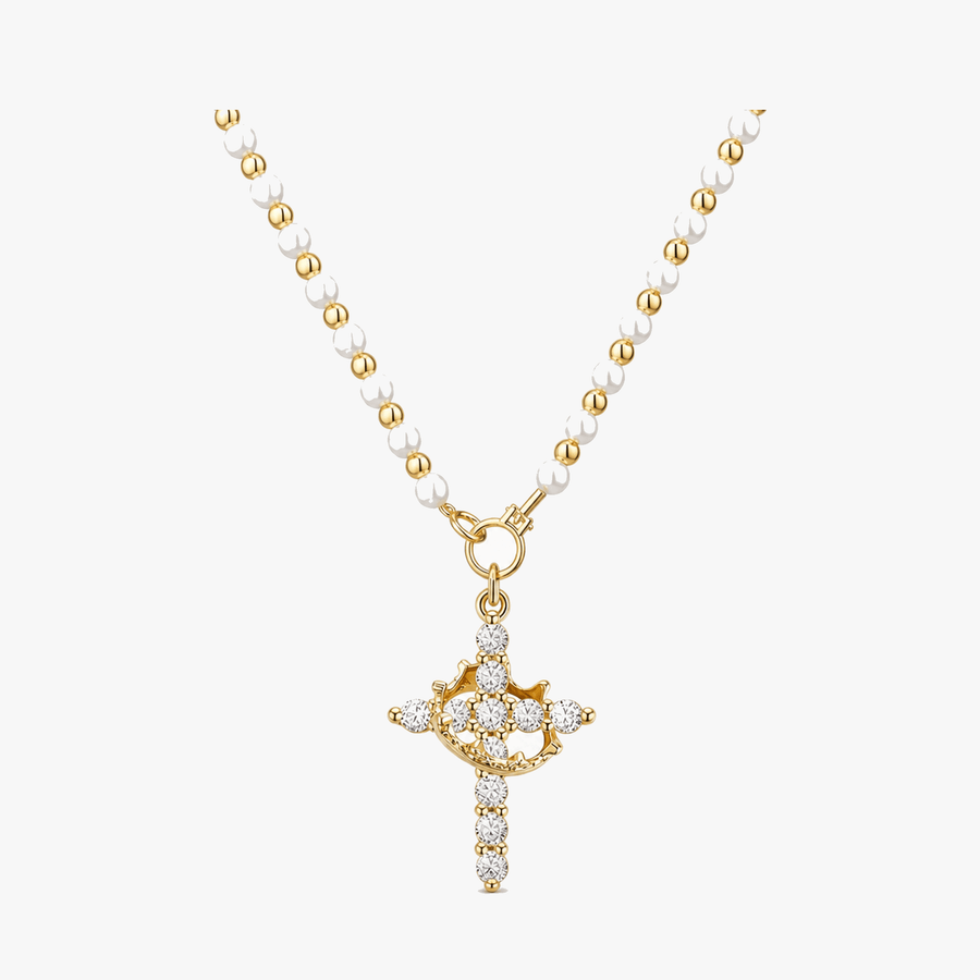 Crownara – Crown Cross Pearl Bead Necklace