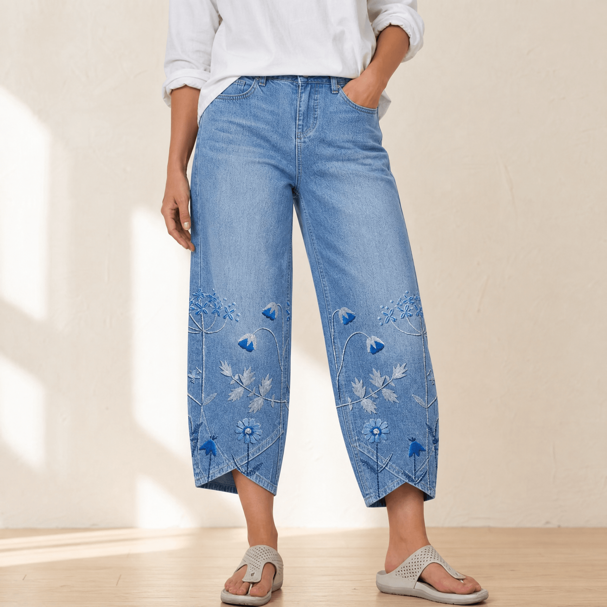 Bloomara – Women's Embroidered Wide-Leg Jeans with Tulip Hem