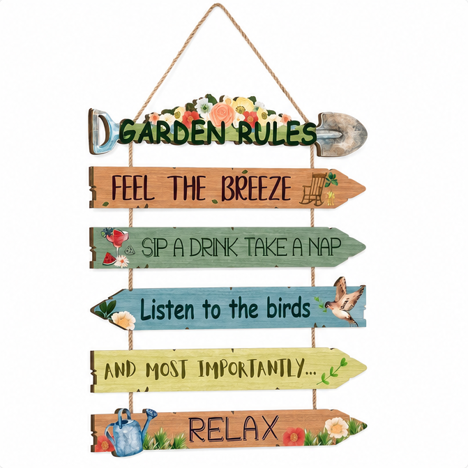 Blossomrow – Rustic Garden Rules Hanging Sign, Hand-Painted Wall Plaque with Rope