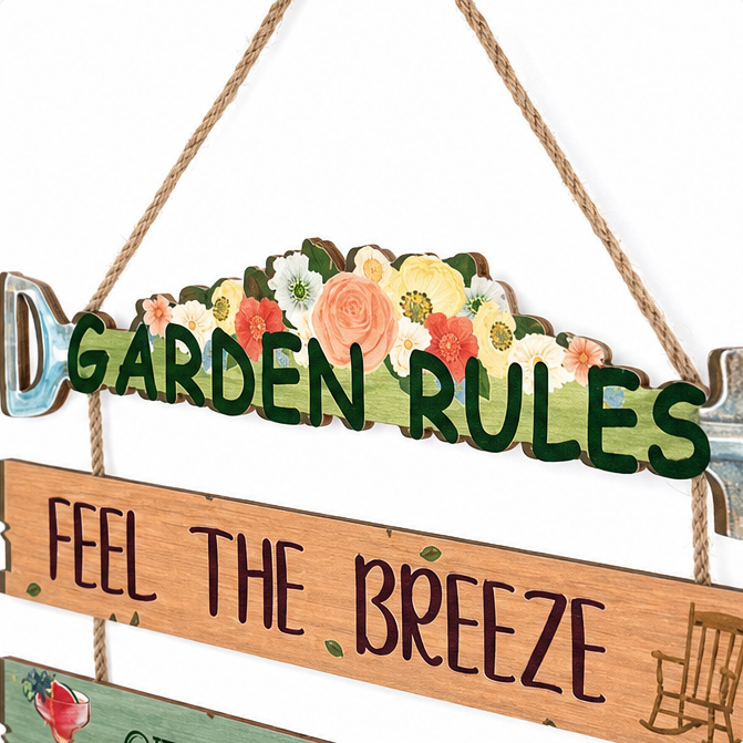 Blossomrow – Rustic Garden Rules Hanging Sign, Hand-Painted Wall Plaque with Rope