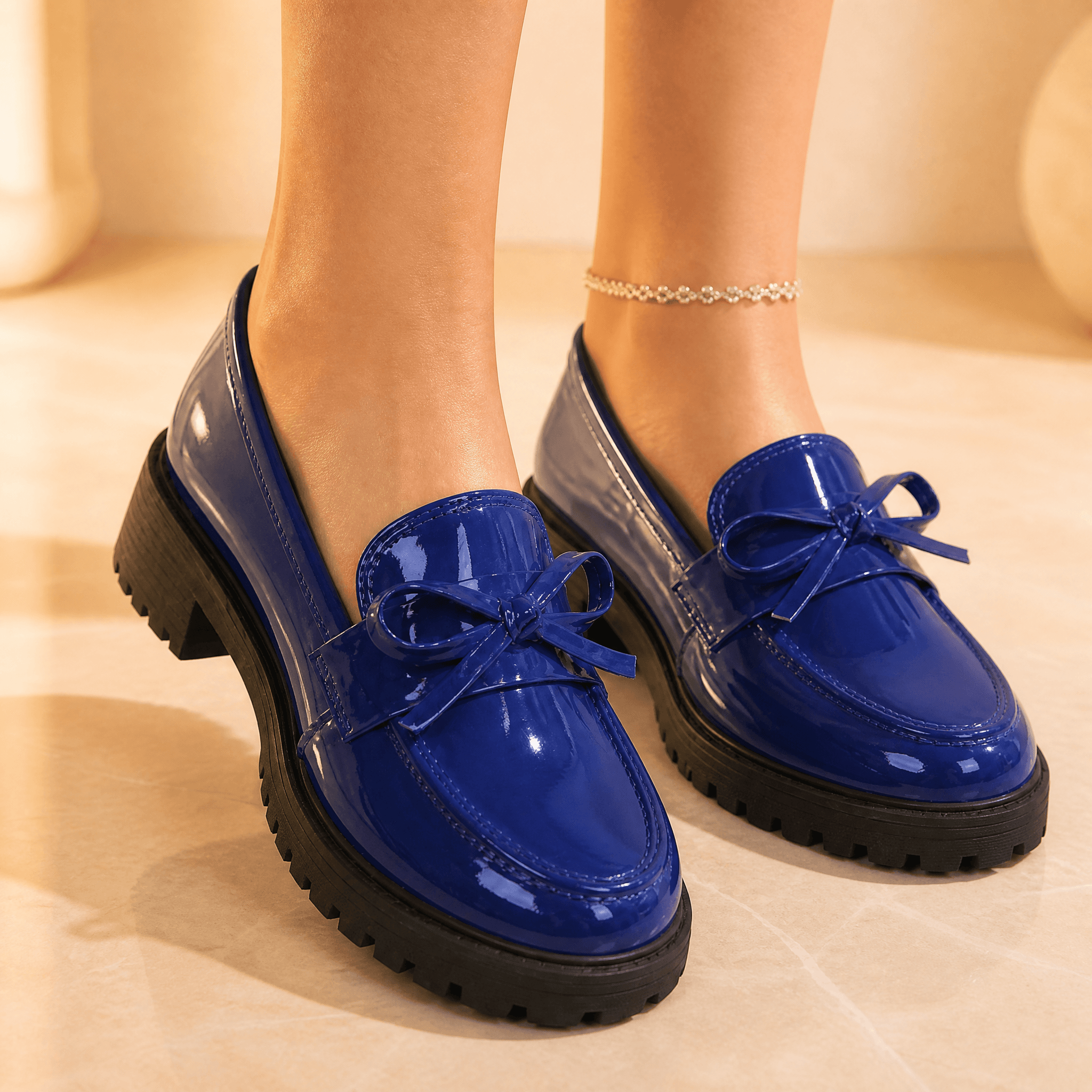 Bowella – Glossy Bow Loafers with Cushioned Platform