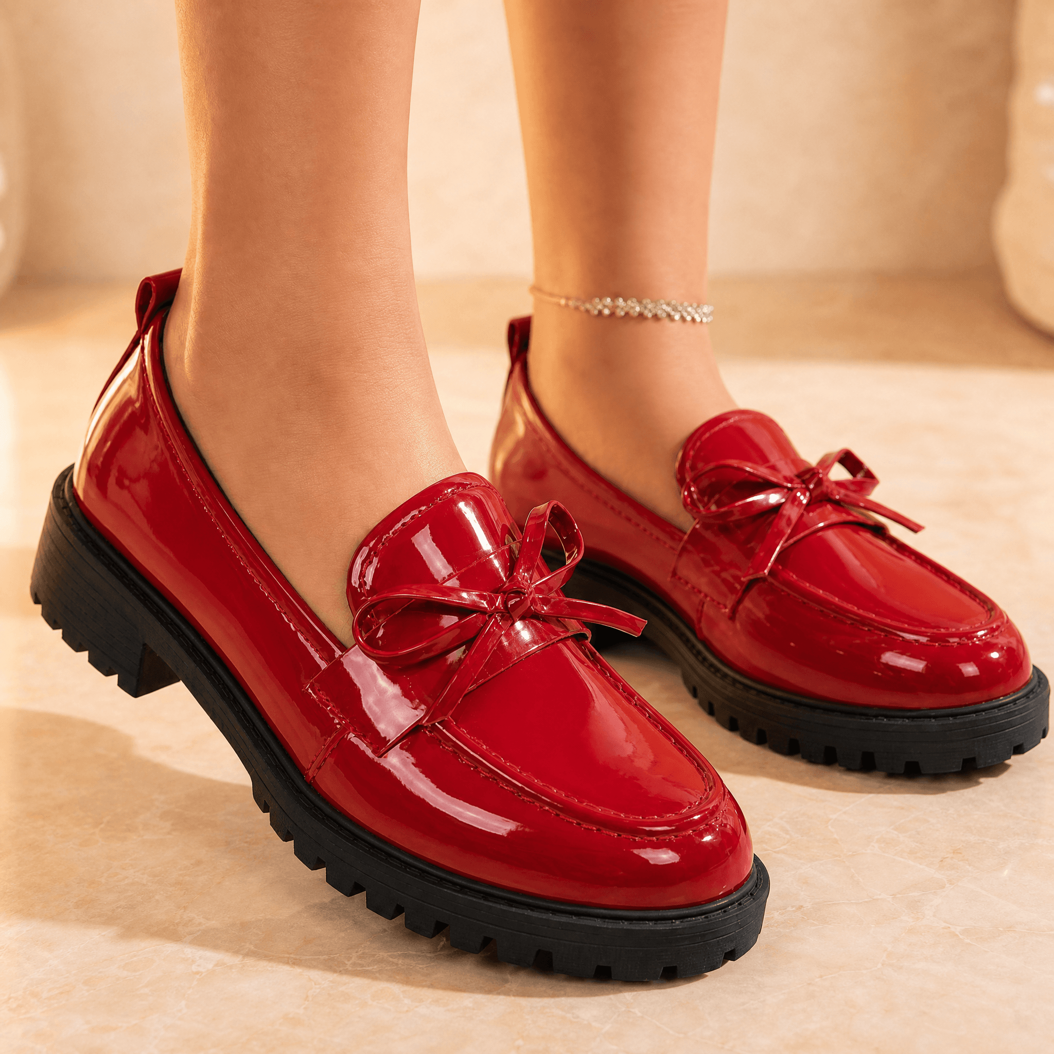 Bowella – Glossy Bow Loafers with Cushioned Platform