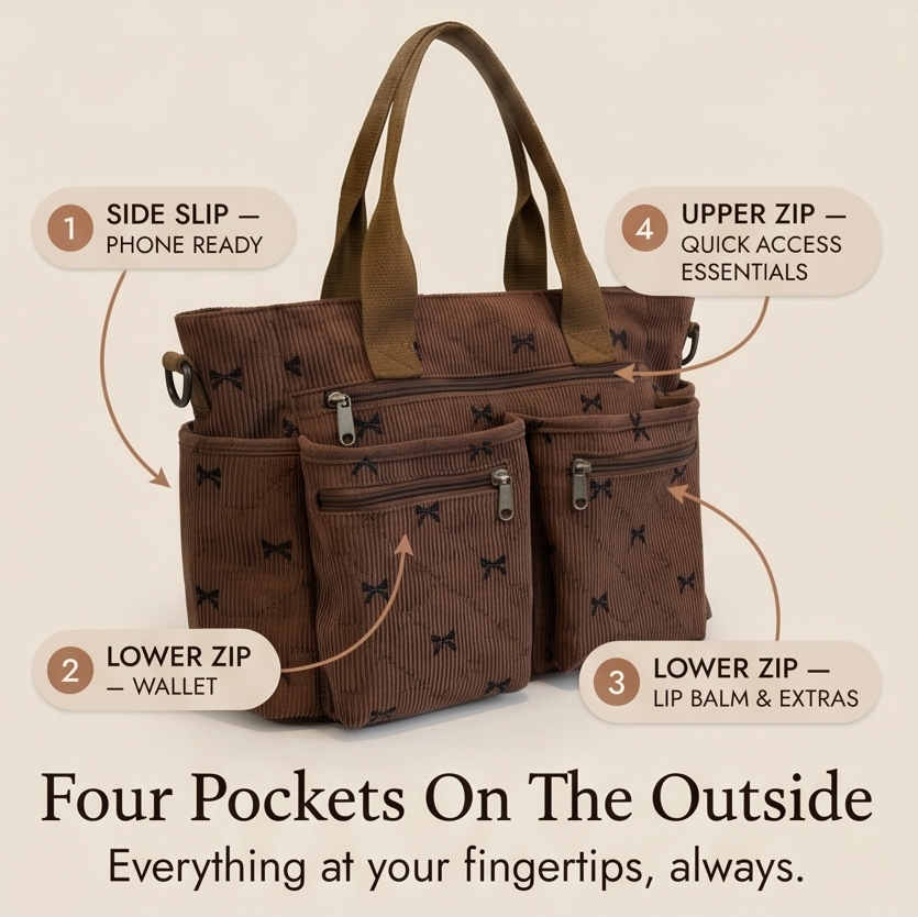 Bowette – Corduroy Bow-Print Tote with Laptop Pocket