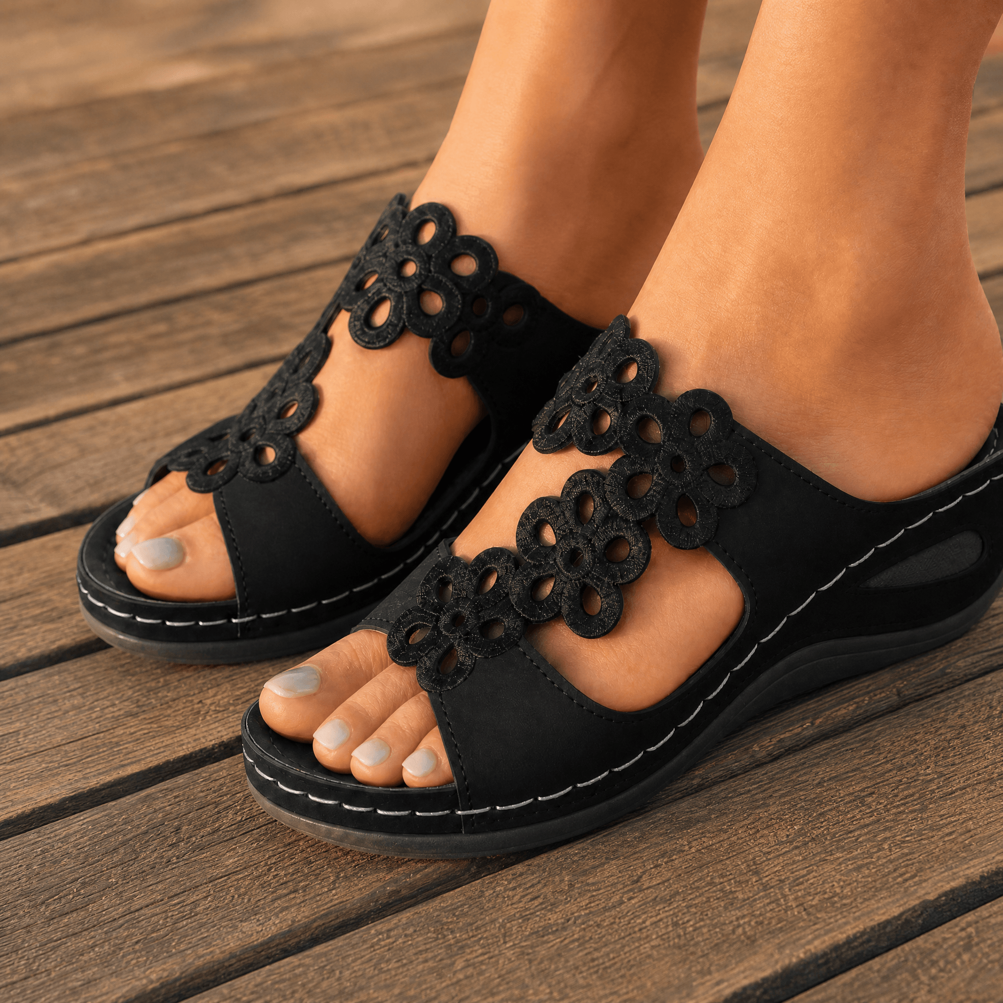 BreezeWalk – Cushioned Floral Wedge Sandals