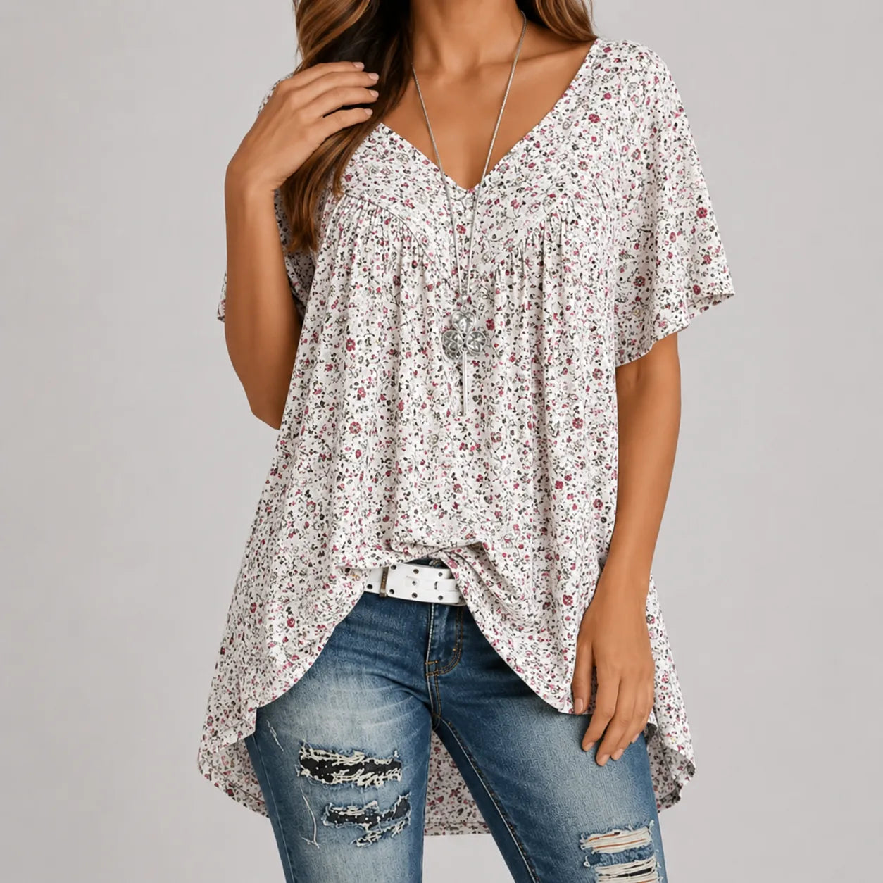 Florenza – Floral V-neck Short Sleeve Tunic Top for Women